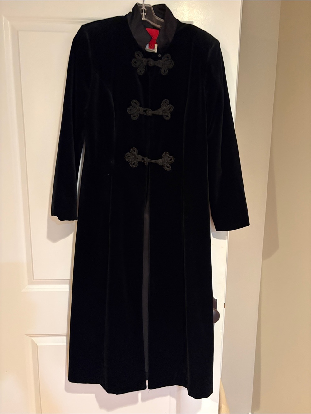 Black Velvet Long Coat Dress with Mandarin Buttons